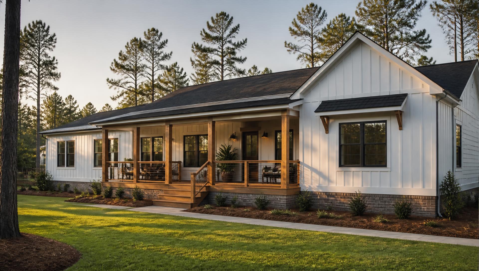 Manufactured home with a covered front porch on a wooded Carolina lot